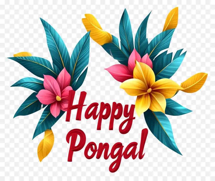 Feliz Pongal，Flores E Folhas Coloridas PNG