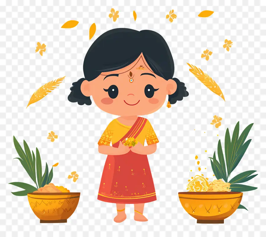 Feliz Pongal，Garota De Desenho Animado Com Itens Pongal PNG