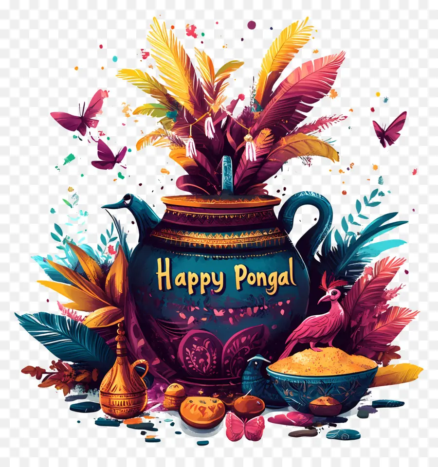 Feliz Pongal，Pote Decorativo Com Penas PNG