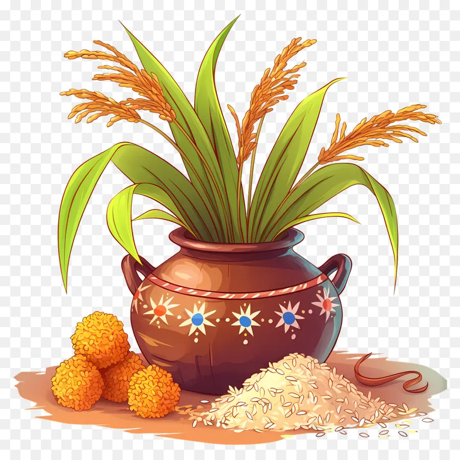 Pote Pongal，Panela De Barro Com Arroz E Plantas PNG