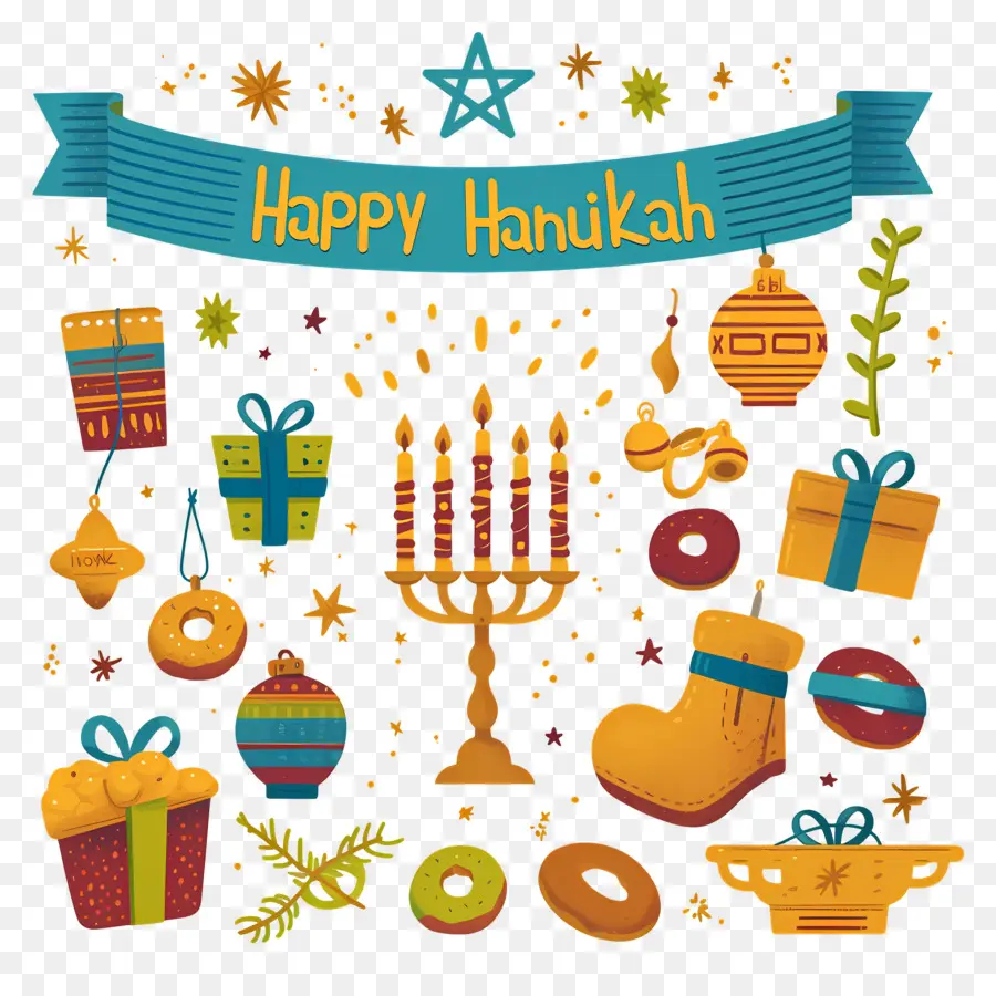 Feliz Hanucá，Presentes De Hanukkah E Menorá PNG