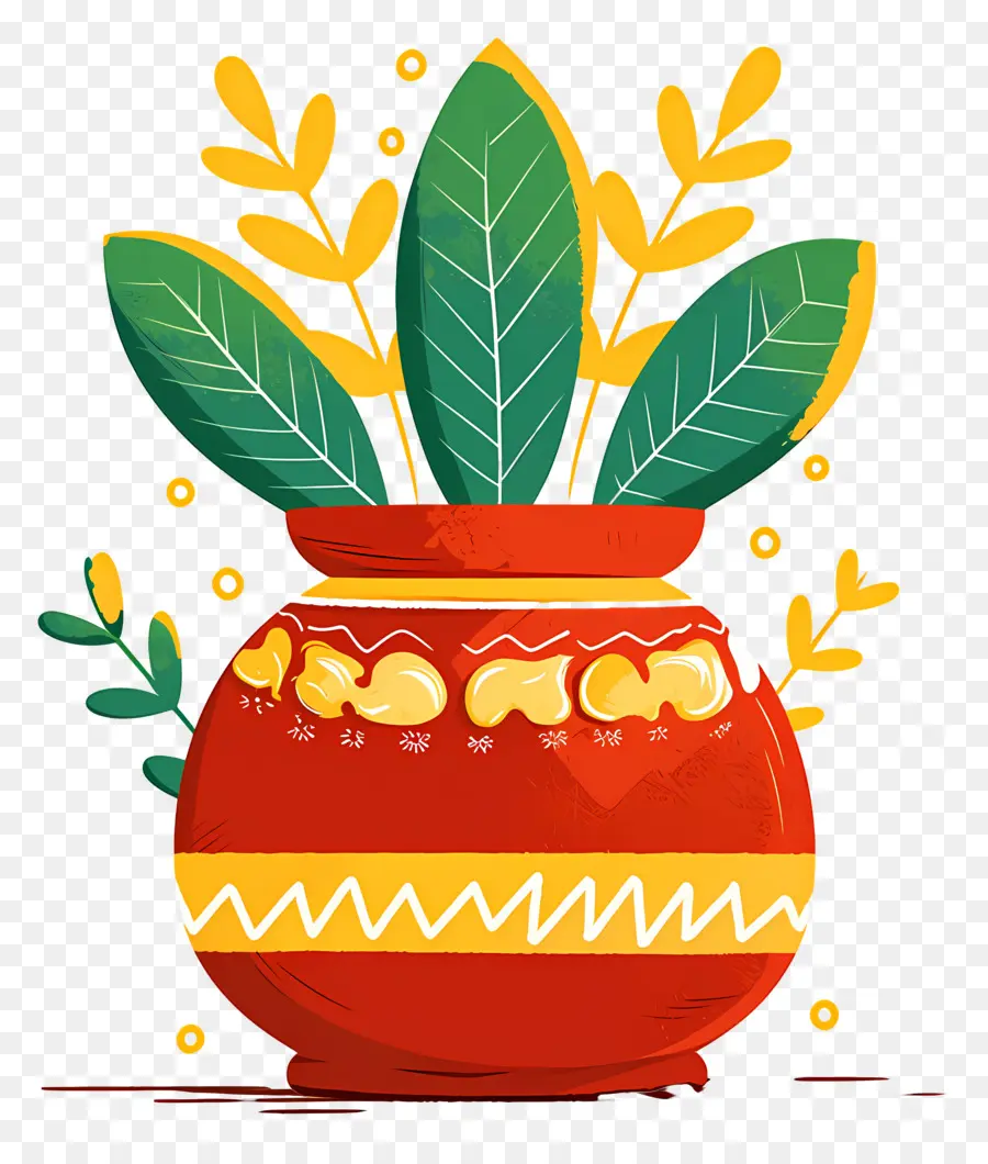 Pote Pongal，Pote Vermelho Com Folhas PNG