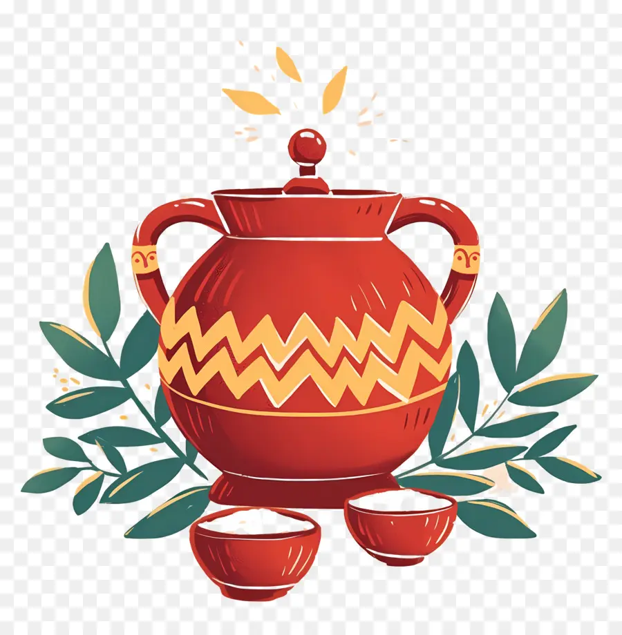 Pote Pongal，Pote Vermelho Com Copos PNG