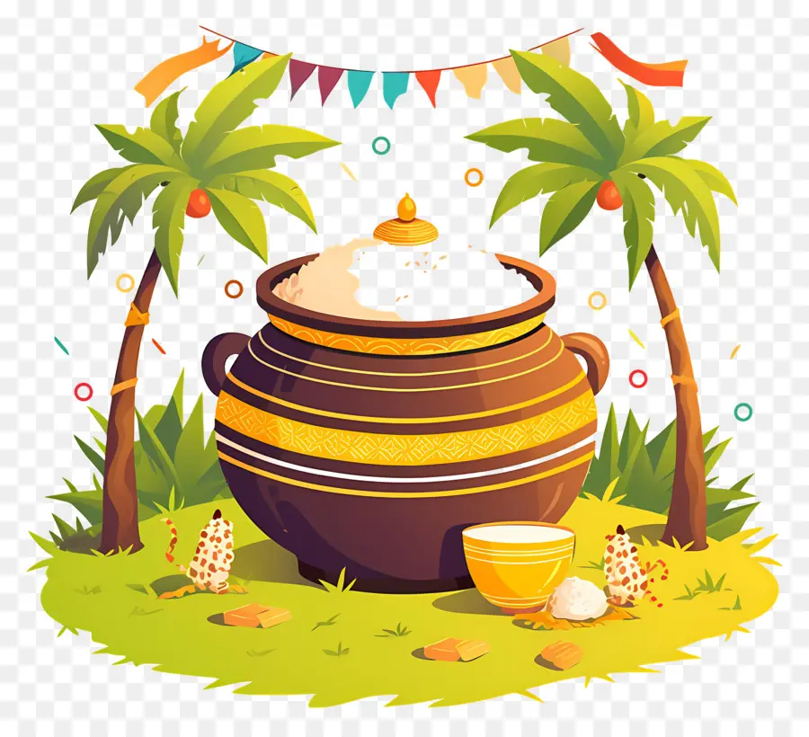 Pote Pongal，Vaso Decorativo Com Palmeiras PNG