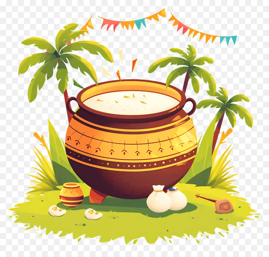 Pote Pongal，Vaso Decorativo Com Palmeiras PNG