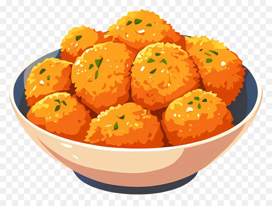 Nuggets De Frango Frito，Bolinhos De Queijo Em Tigela Laranja PNG