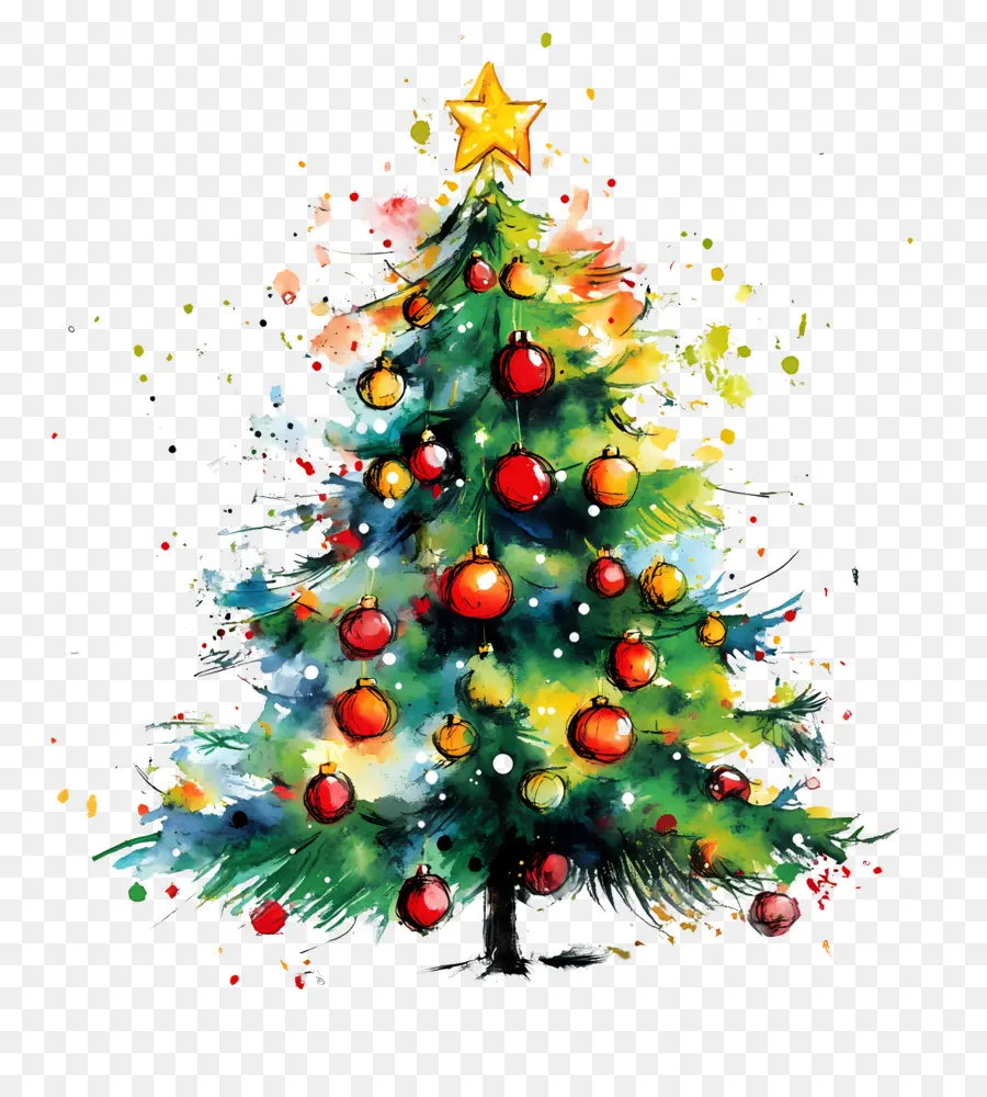 Aquarela De Natal，Árvore De Natal Decorada Colorida PNG