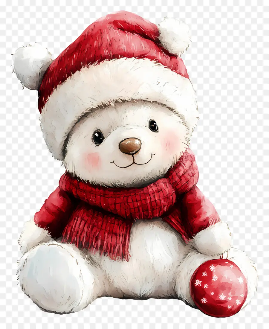 Aquarela De Natal，Urso Branco Com Chapéu E Lenço De Papai Noel PNG