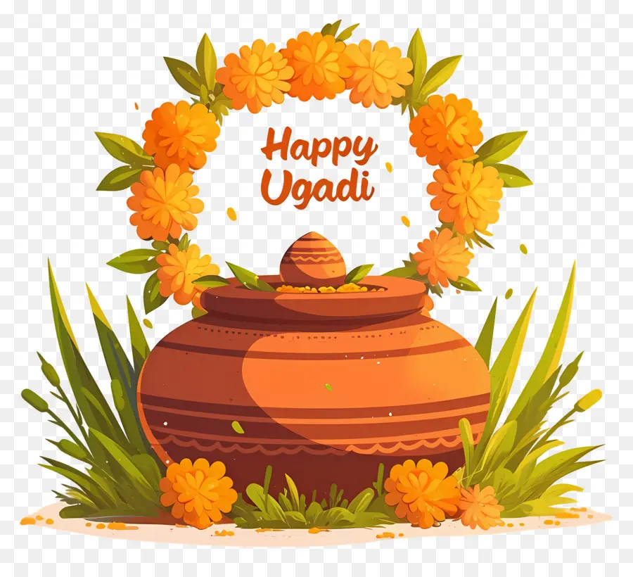 Feliz Ugadi，Pote Decorativo Com Guirlanda Floral PNG