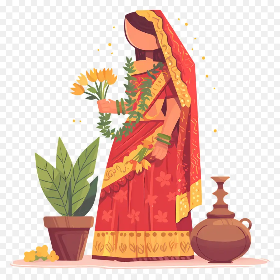 Mulher Indiana，Mulher Tradicional Com Flores PNG