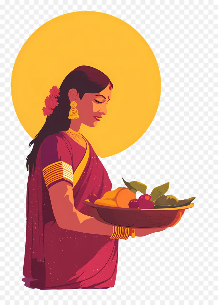 Chhath Puja，Mulher Com Bandeja De Frutas PNG