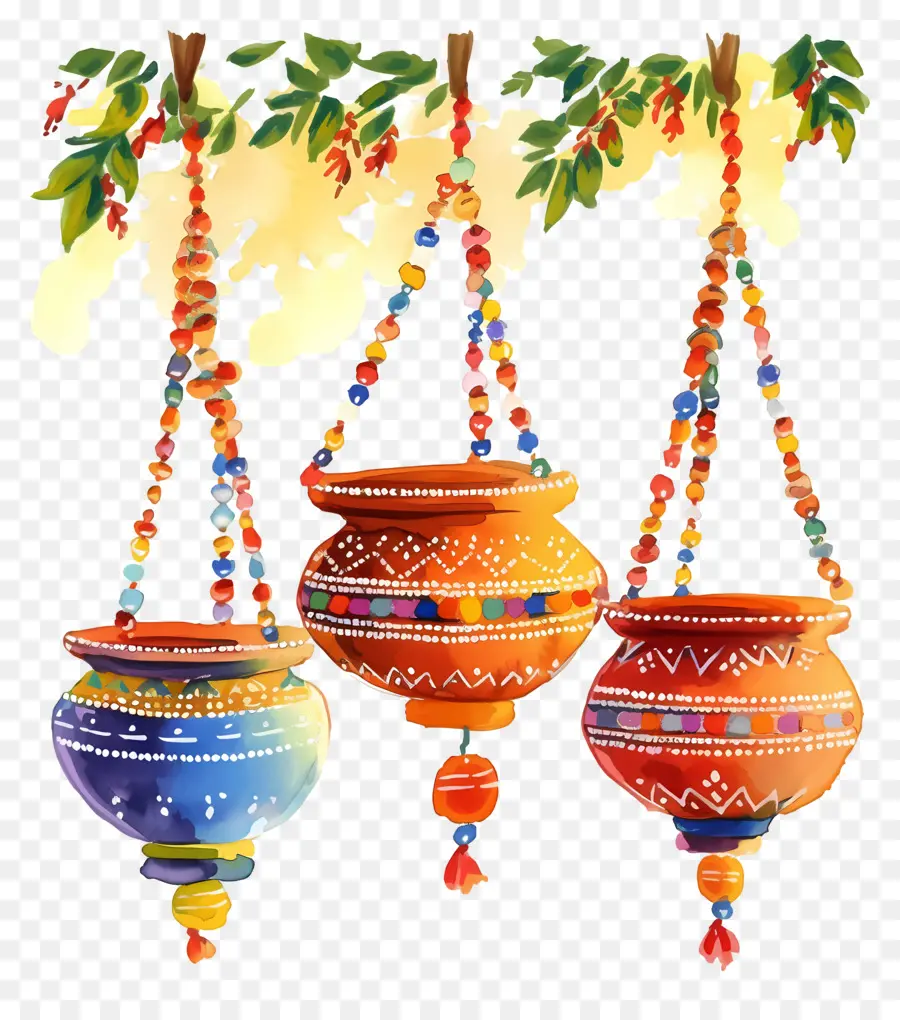 Dahi Handi，Vasos Suspensos Coloridos PNG