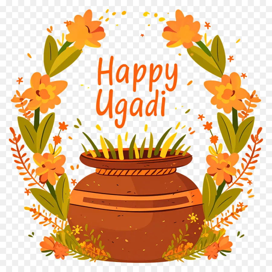 Feliz Ugadi，Vaso Decorativo Com Moldura Floral PNG