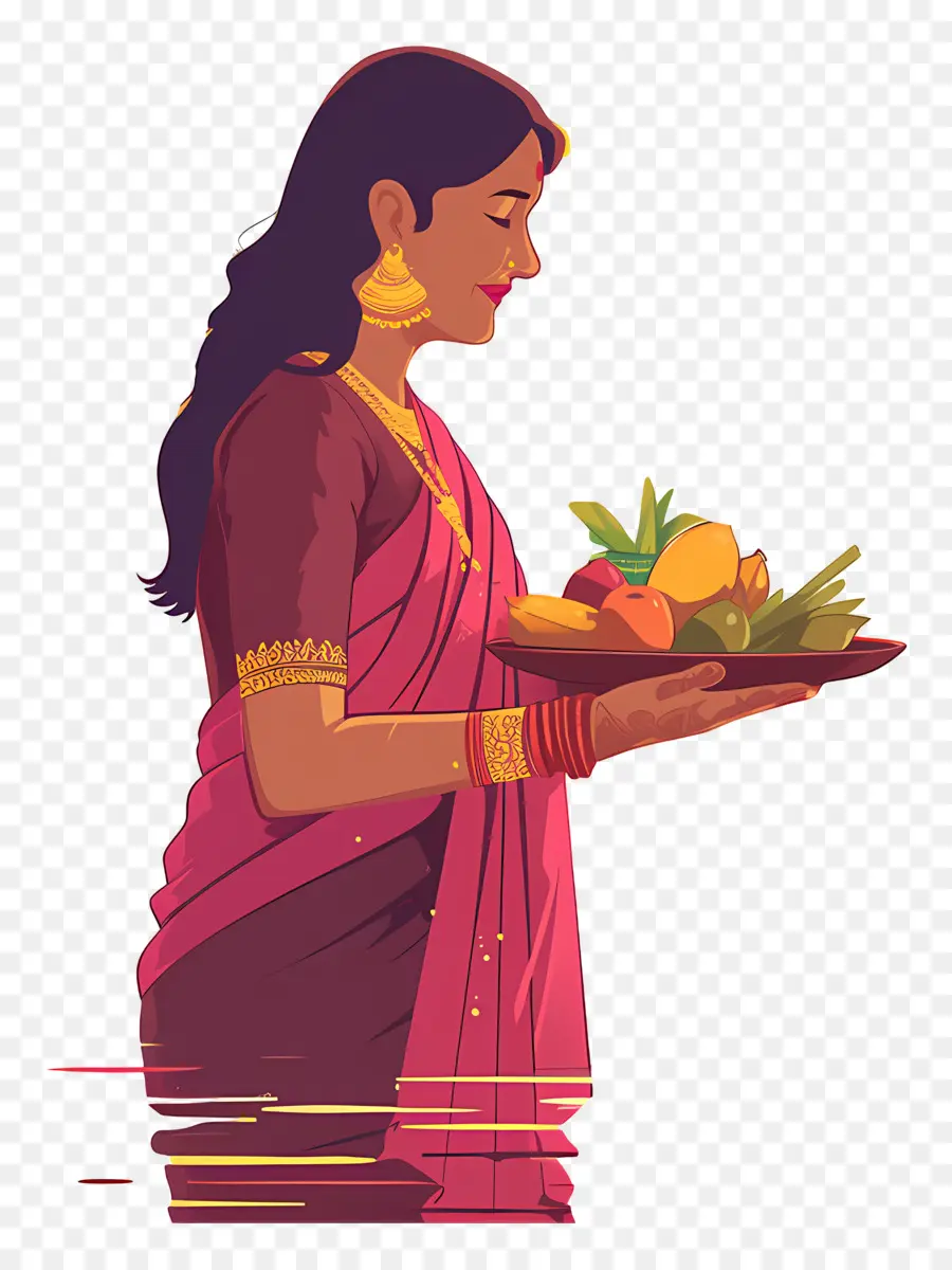 Chhath Puja，Mulher Com Bandeja De Frutas PNG