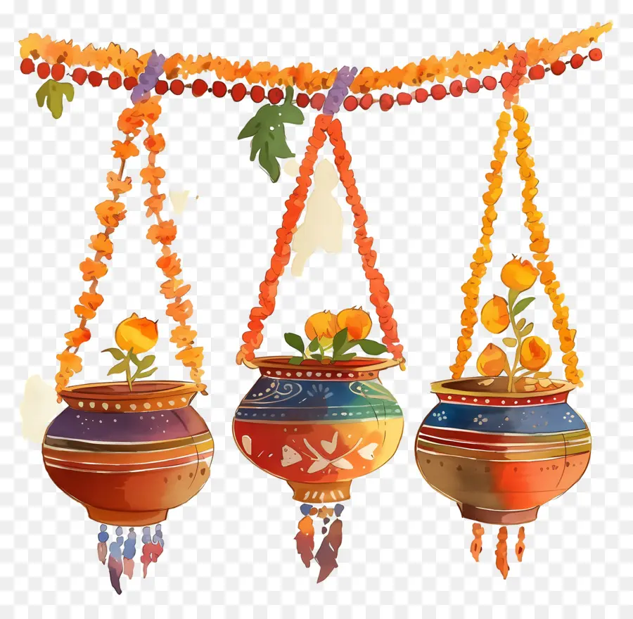 Dahi Handi，Vasos Suspensos Coloridos PNG