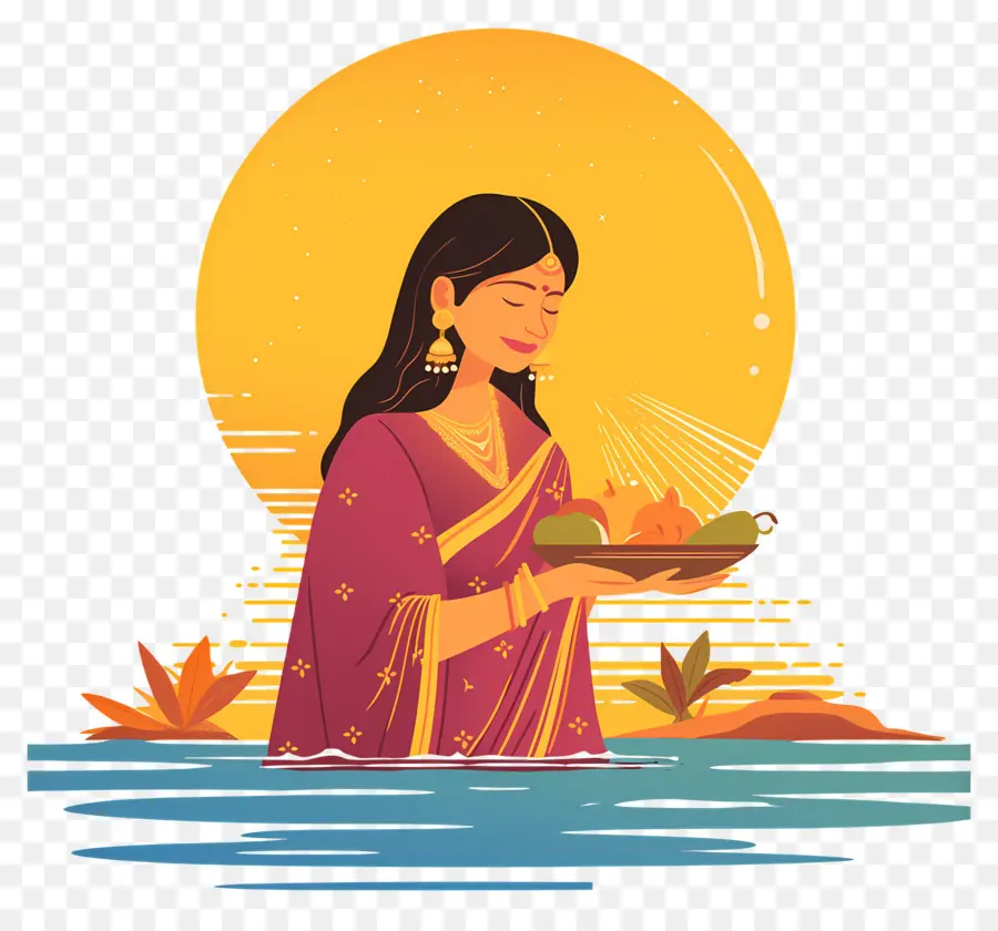 Chhath Puja，Mulher Com Bandeja De Frutas PNG