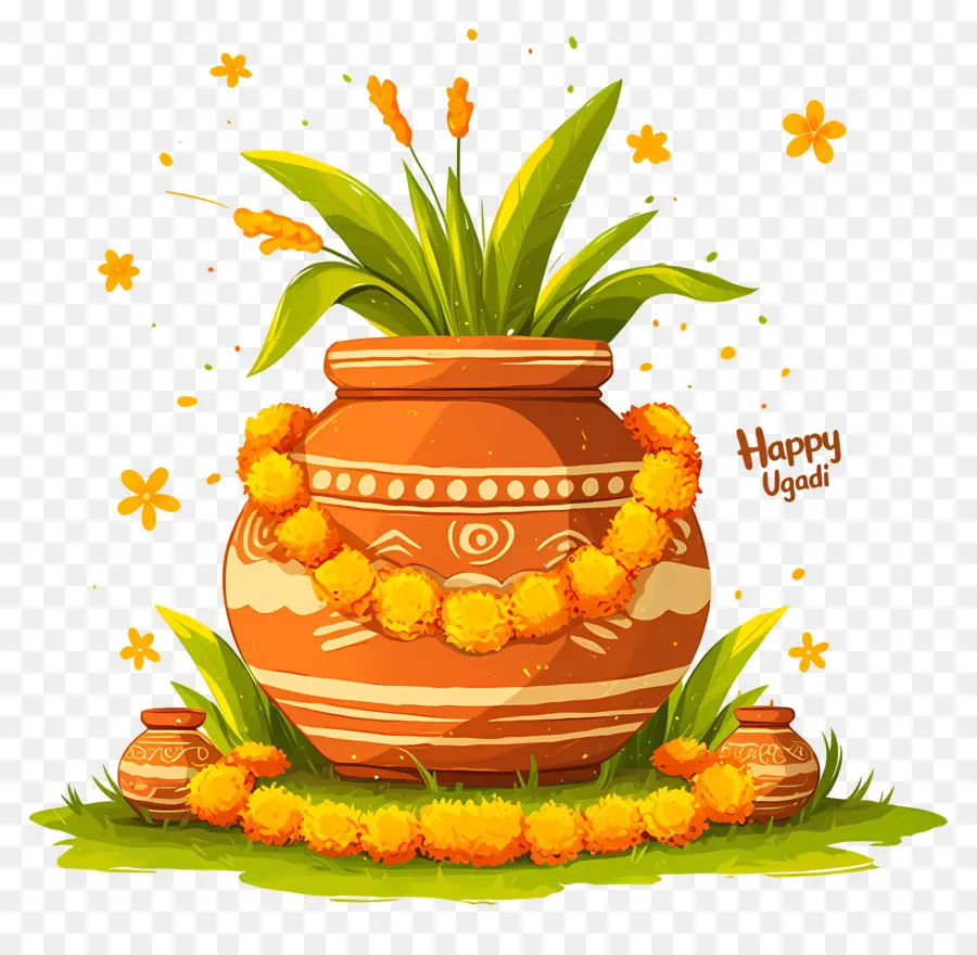 Feliz Ugadi，Pote Decorativo Com Guirlanda PNG