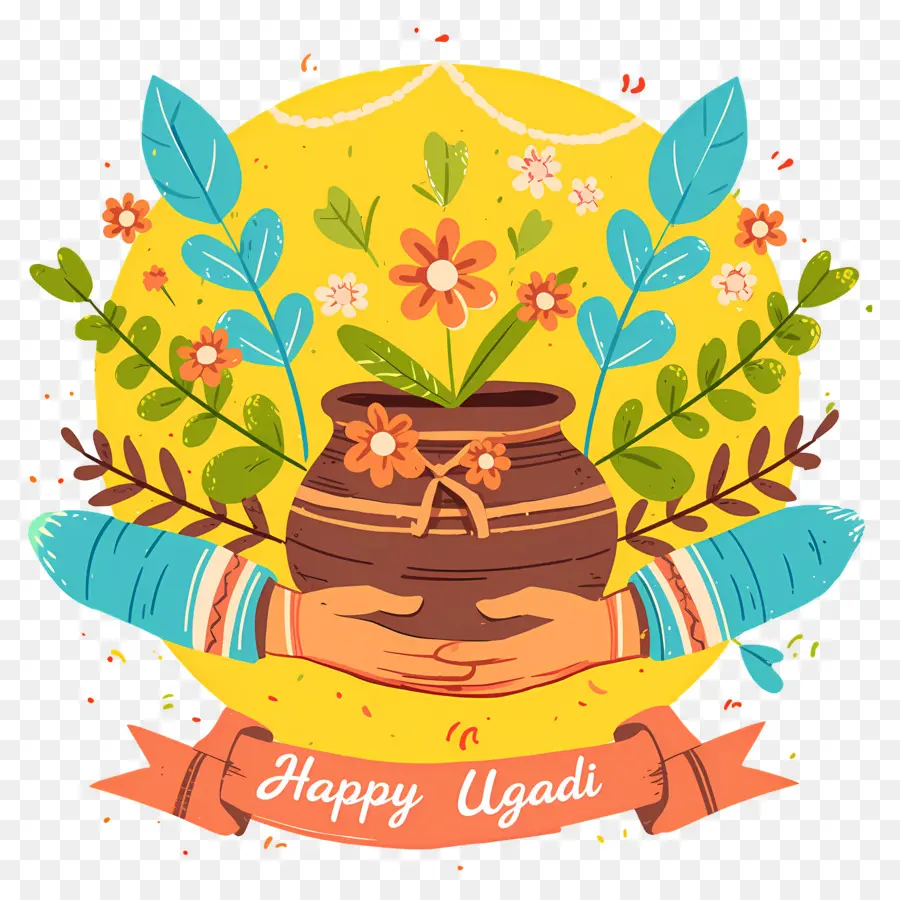 Feliz Ugadi，Vaso Decorativo Com Flores PNG