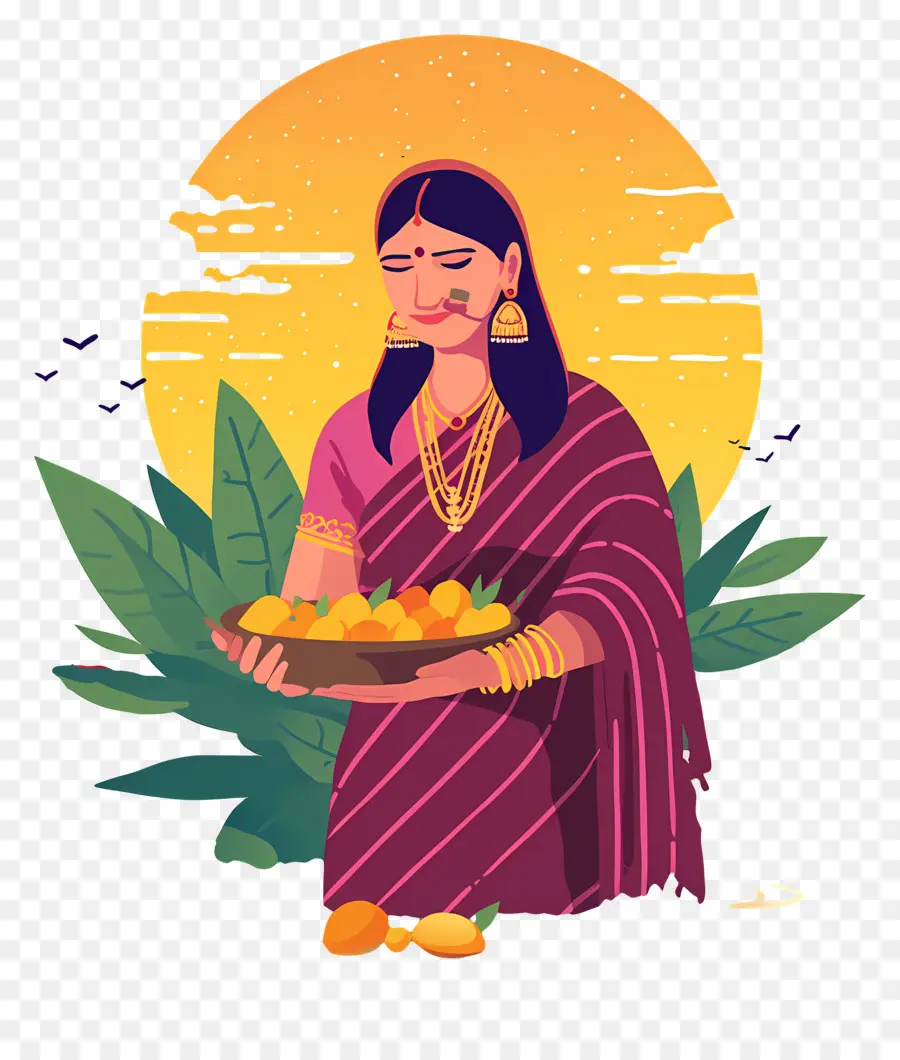 Chhath Puja，Mulher Com Bandeja De Frutas PNG