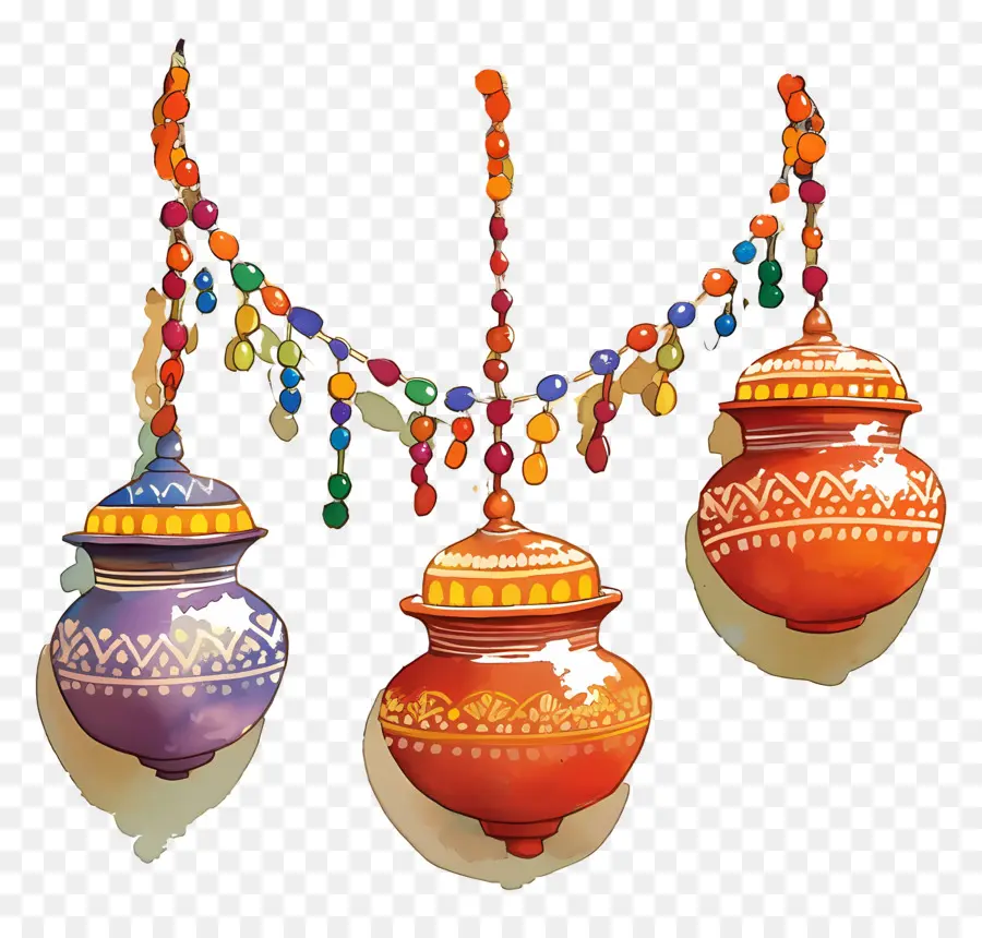 Dahi Handi，Vasos Suspensos Coloridos PNG