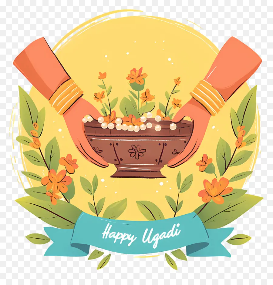 Feliz Ugadi，Vaso Decorativo Com Flores PNG