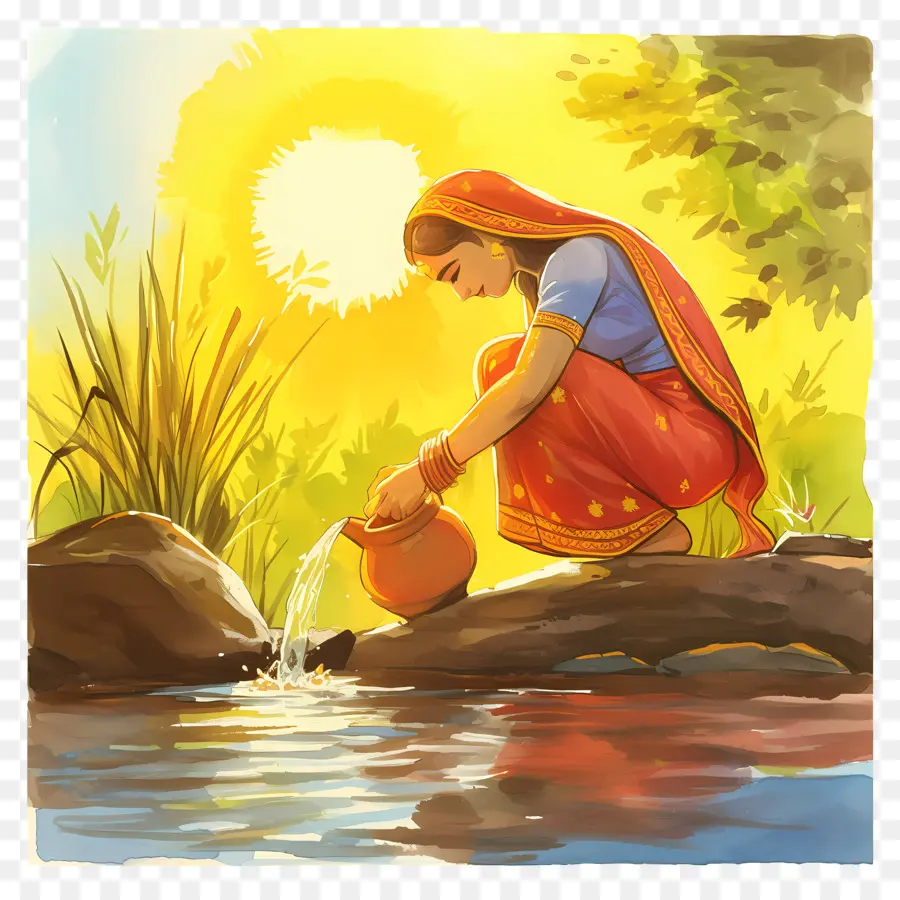 Chhath Puja，Mulher Perto Da água PNG