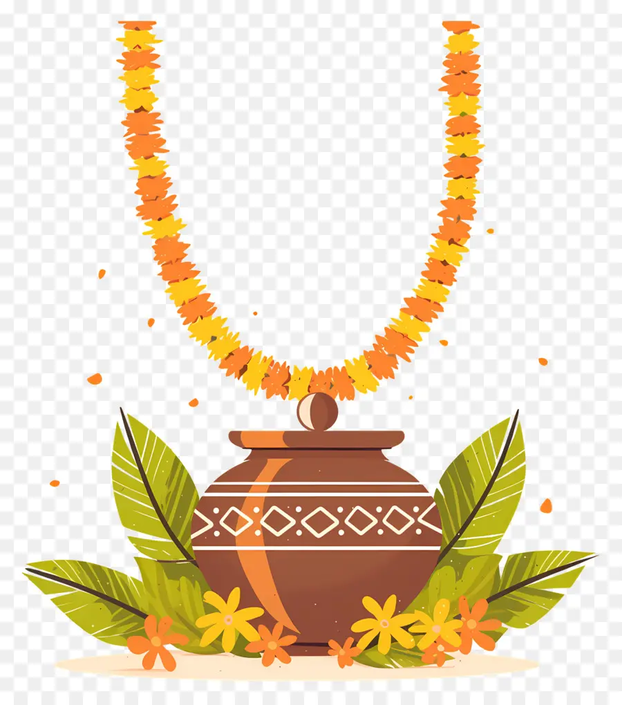 Feliz Ugadi，Vaso Decorativo Com Guirlanda PNG