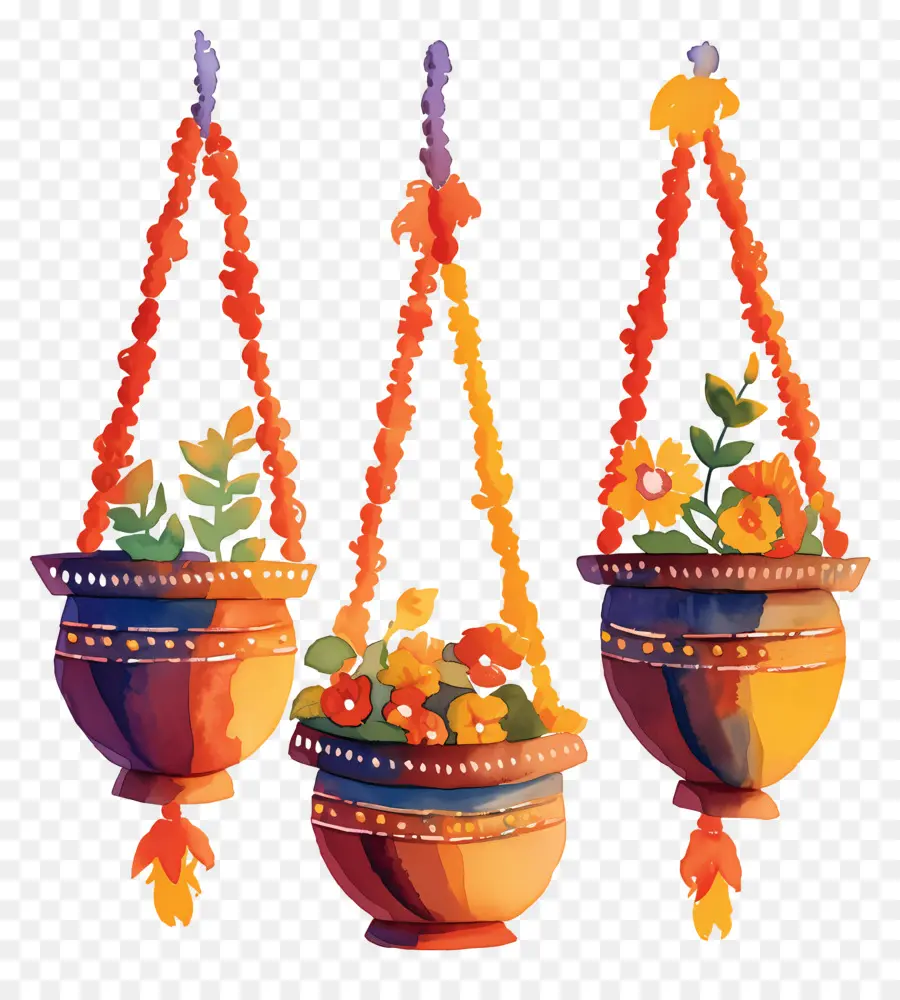 Dahi Handi，Vasos Suspensos Coloridos Com Flores PNG