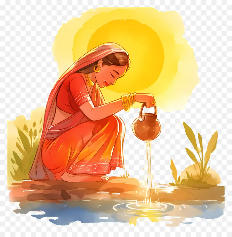 Chhath Puja，Mulher Derramando água PNG