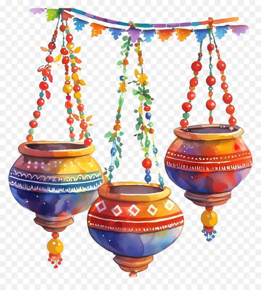 Dahi Handi，Vasos Suspensos Coloridos PNG