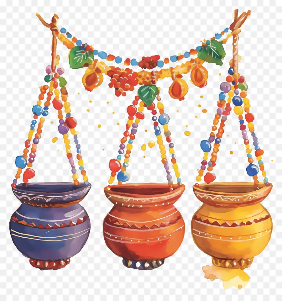 Dahi Handi，Vasos Suspensos Coloridos PNG