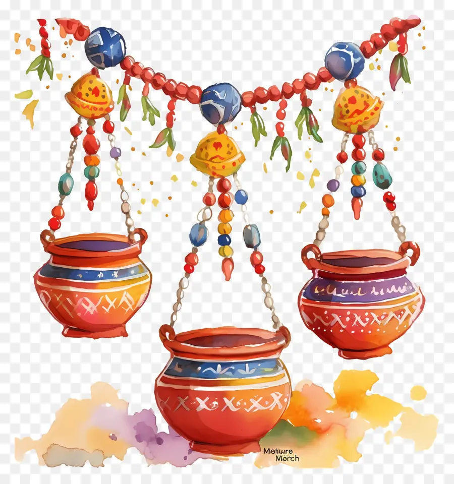 Dahi Handi，Vasos Suspensos Coloridos PNG