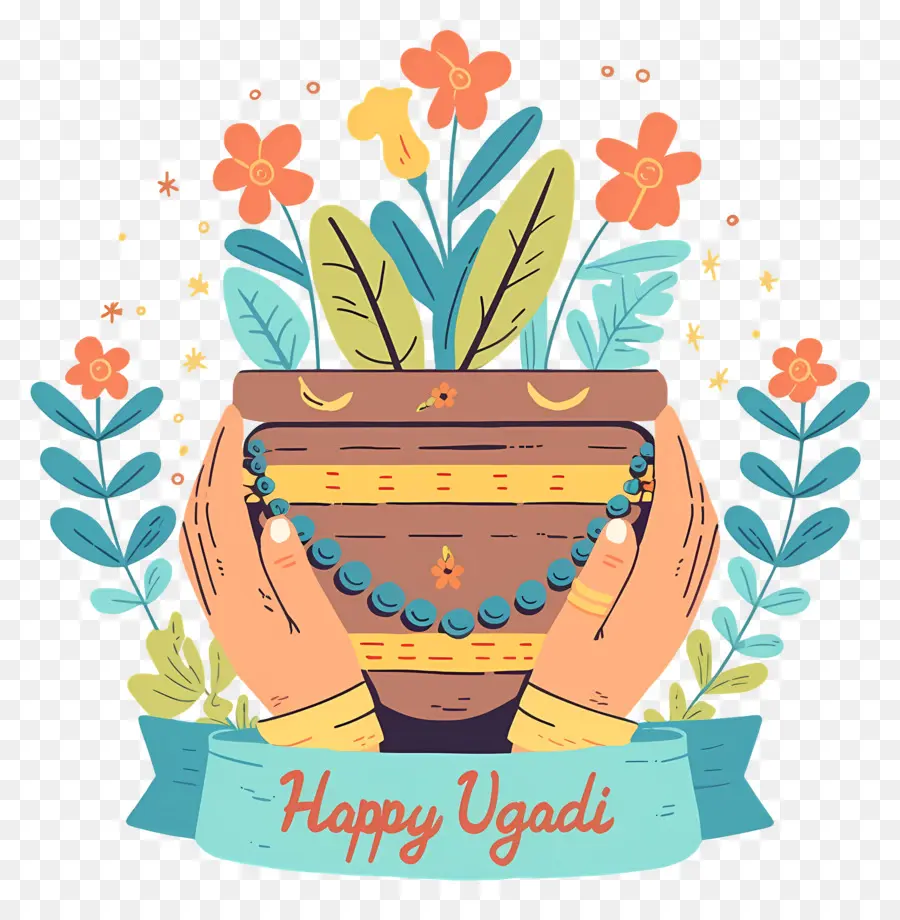 Feliz Ugadi，Vaso Decorativo Com Plantas PNG