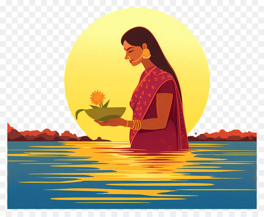 Chhath Puja，Mulher Com Oferenda Na água PNG