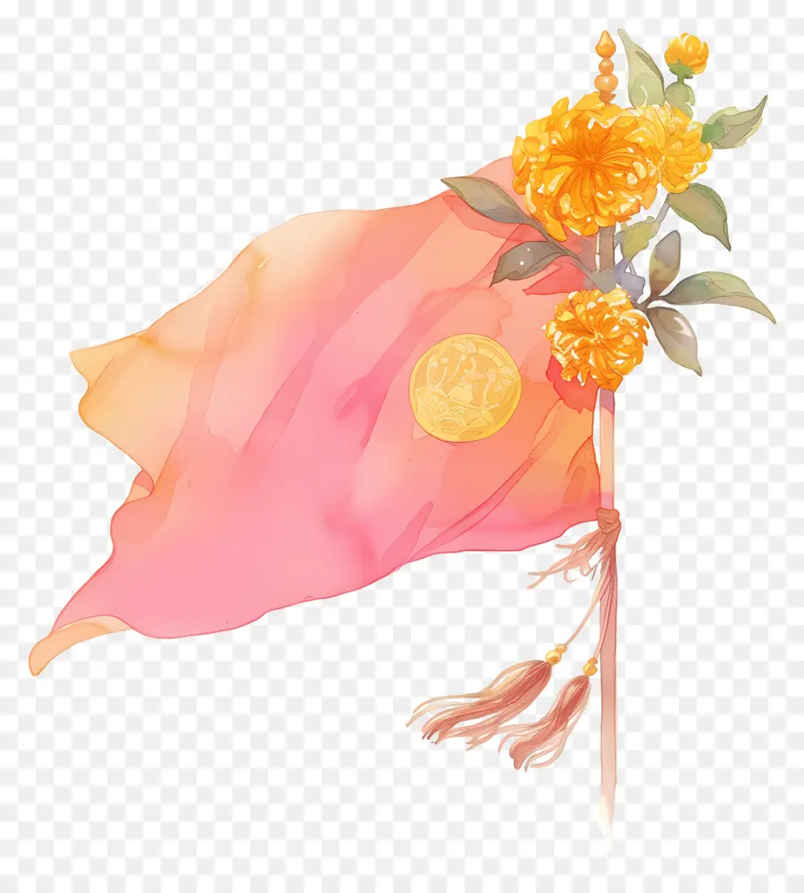 Bandeira Rosa，Bandeira Rosa Com Flores Amarelas PNG