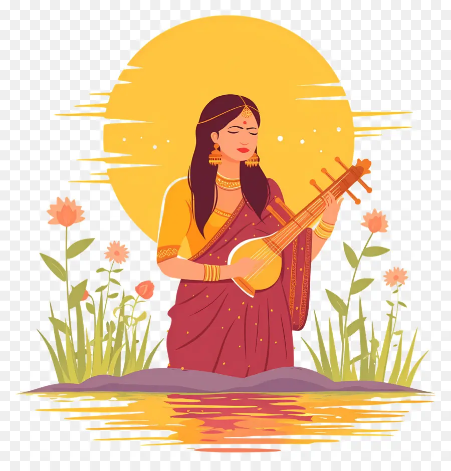 Chhath Puja，Mulher Com Instrumento Musical PNG