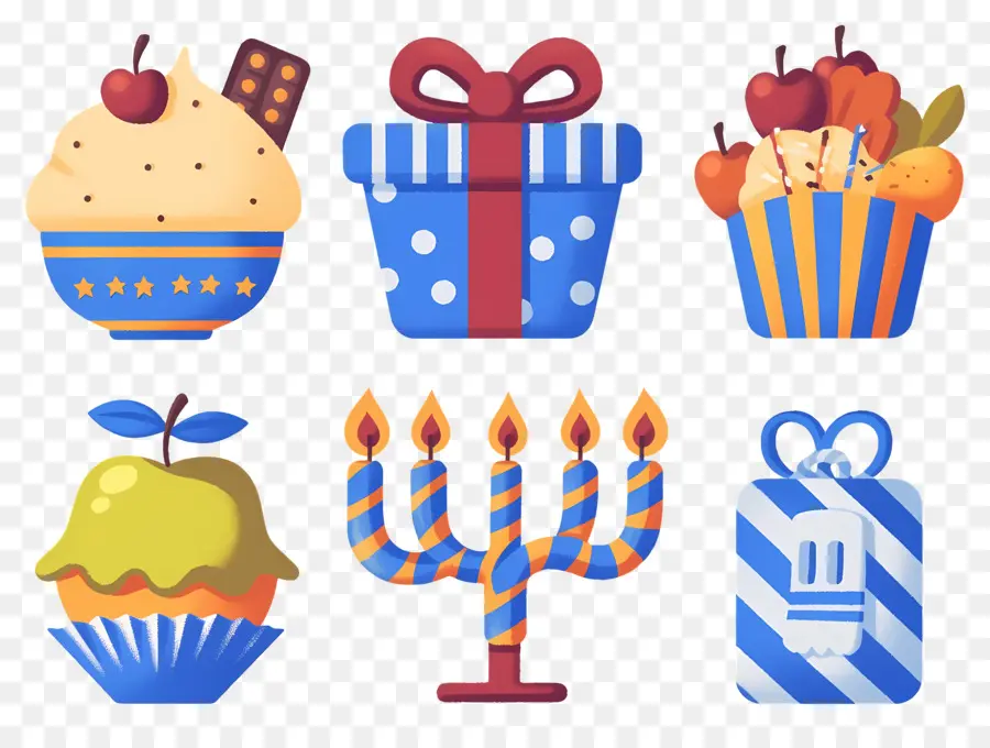 Decoração De Hanukkah，Presente E Cupcakes PNG