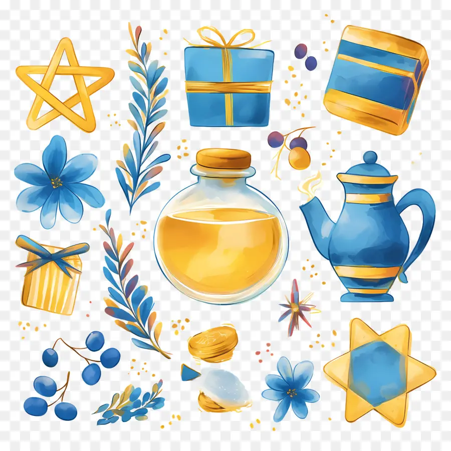 Decoração De Hanukkah，Objetos Azuis E Amarelos PNG