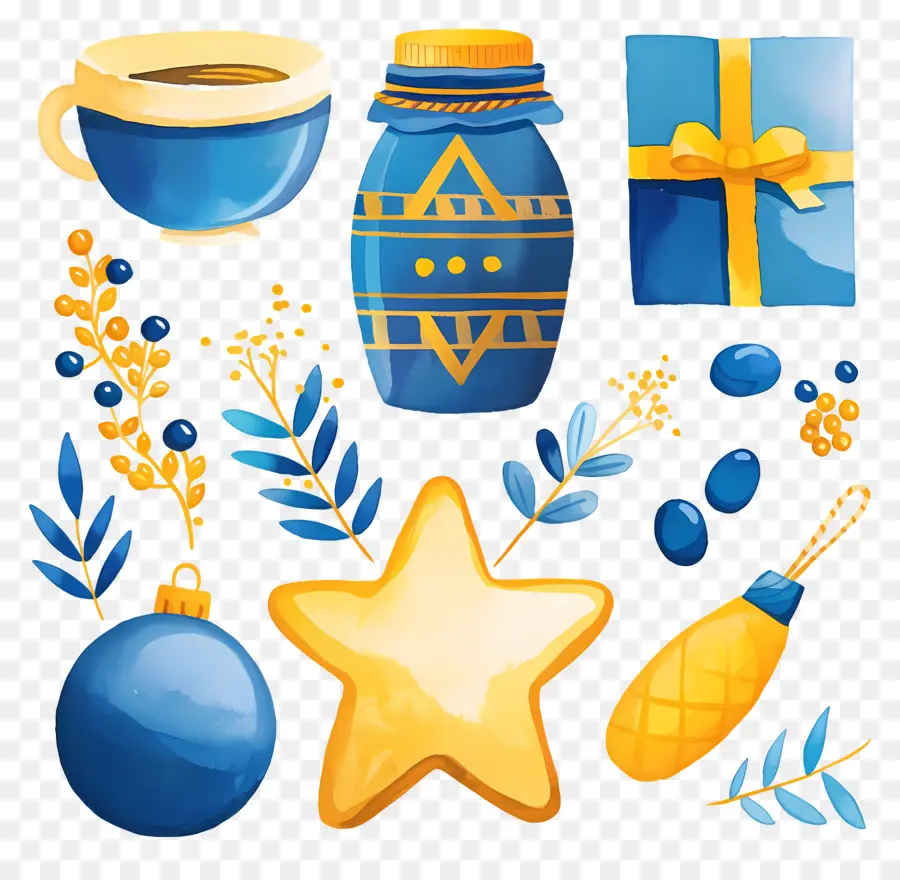 Decoração De Hanukkah，Conjunto Hanukkah Azul E Amarelo PNG