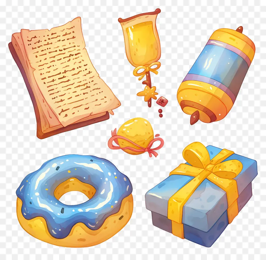 Decoração De Hanukkah，Pergaminhos E Donut PNG