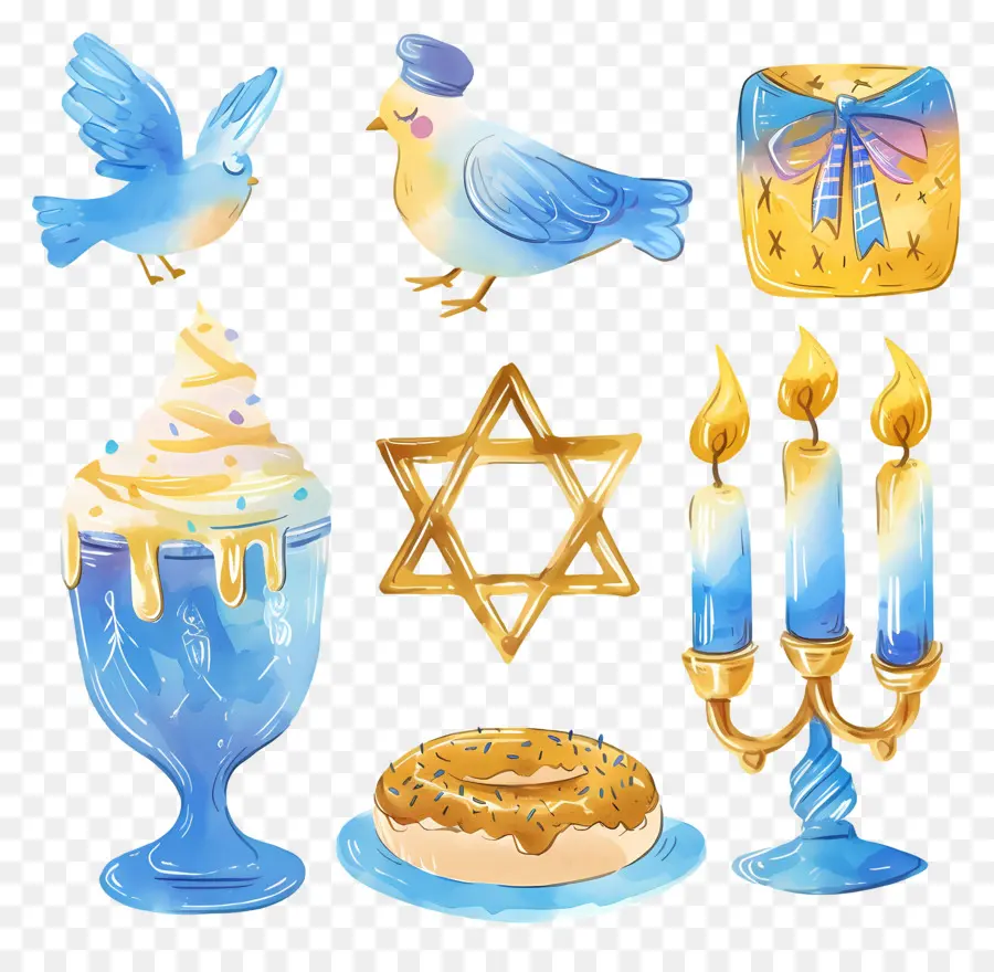 Decoração De Hanukkah，Símbolos De Hanukkah Azuis E Dourados PNG