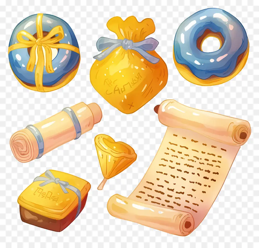 Decoração De Hanukkah，Pergaminhos E Donuts PNG