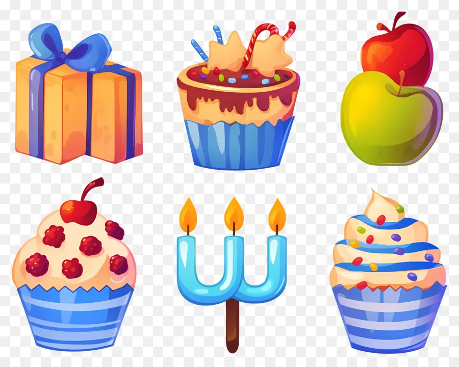 Decoração De Hanukkah，Presente E Cupcakes PNG