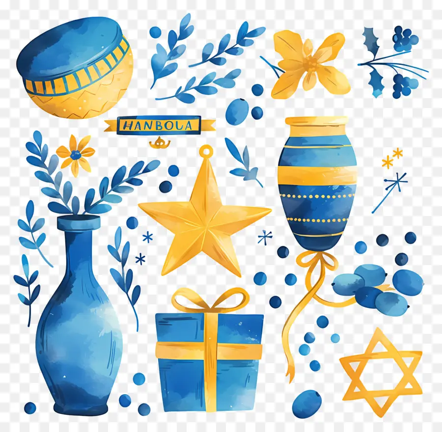 Decoração De Hanukkah，Decorações Azuis E Amarelas PNG