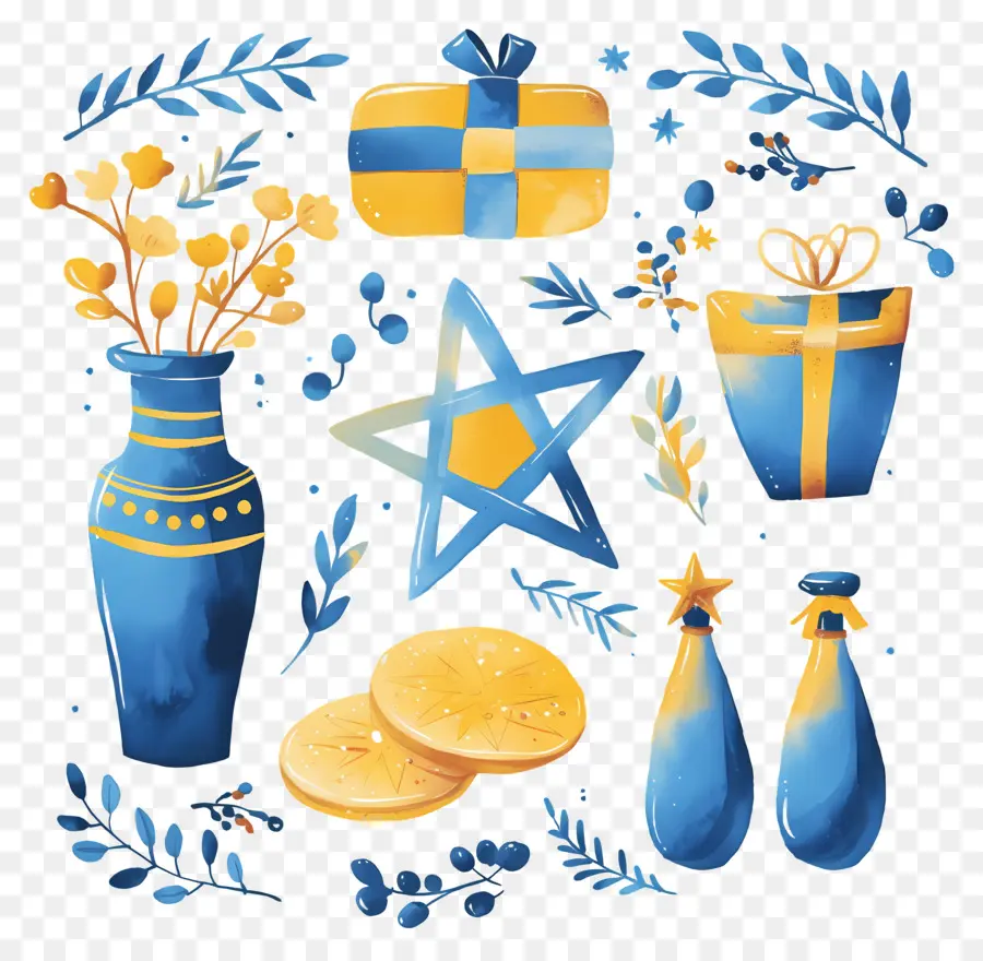 Decoração De Hanukkah，Objetos Azuis E Amarelos PNG