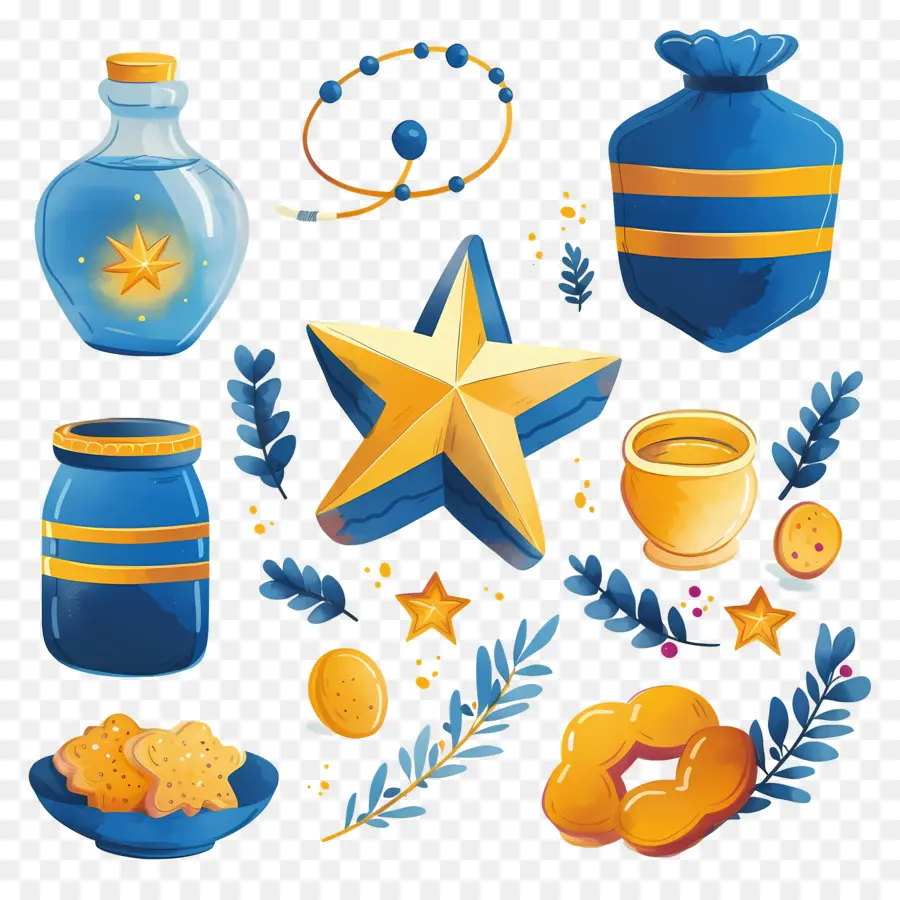 Decoração De Hanukkah，Objetos Azuis E Amarelos PNG