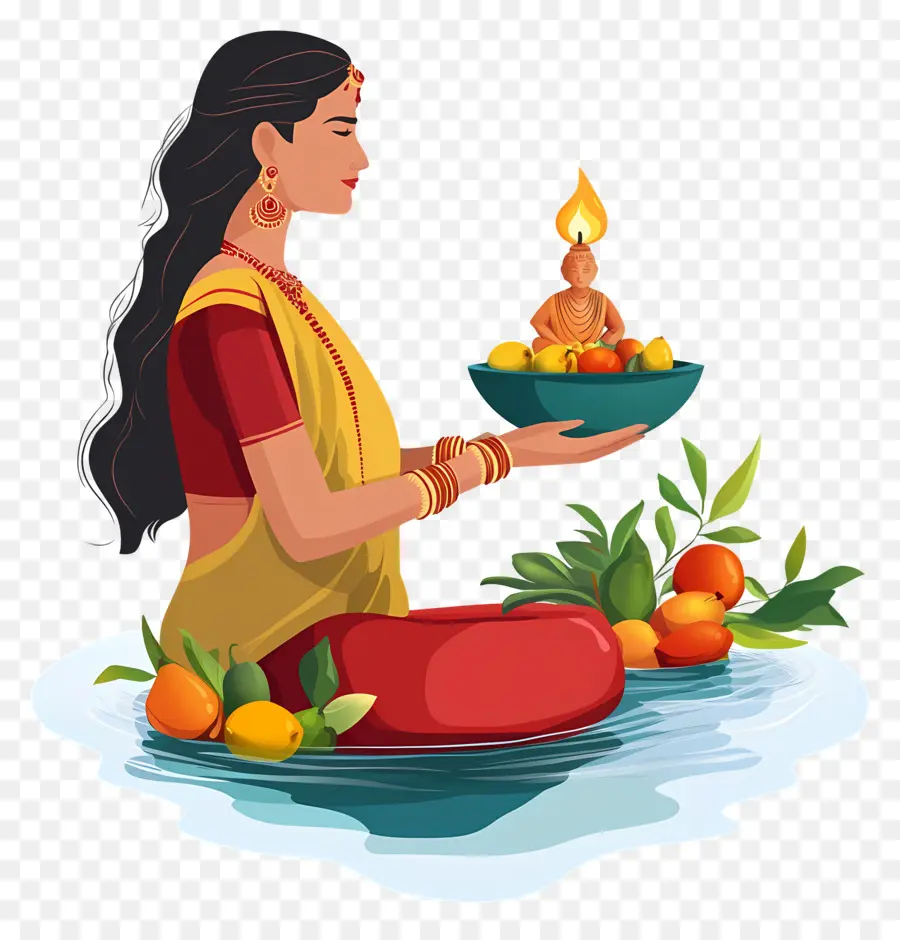 Chhath Puja，Mulher Com Lâmpada E Frutas PNG