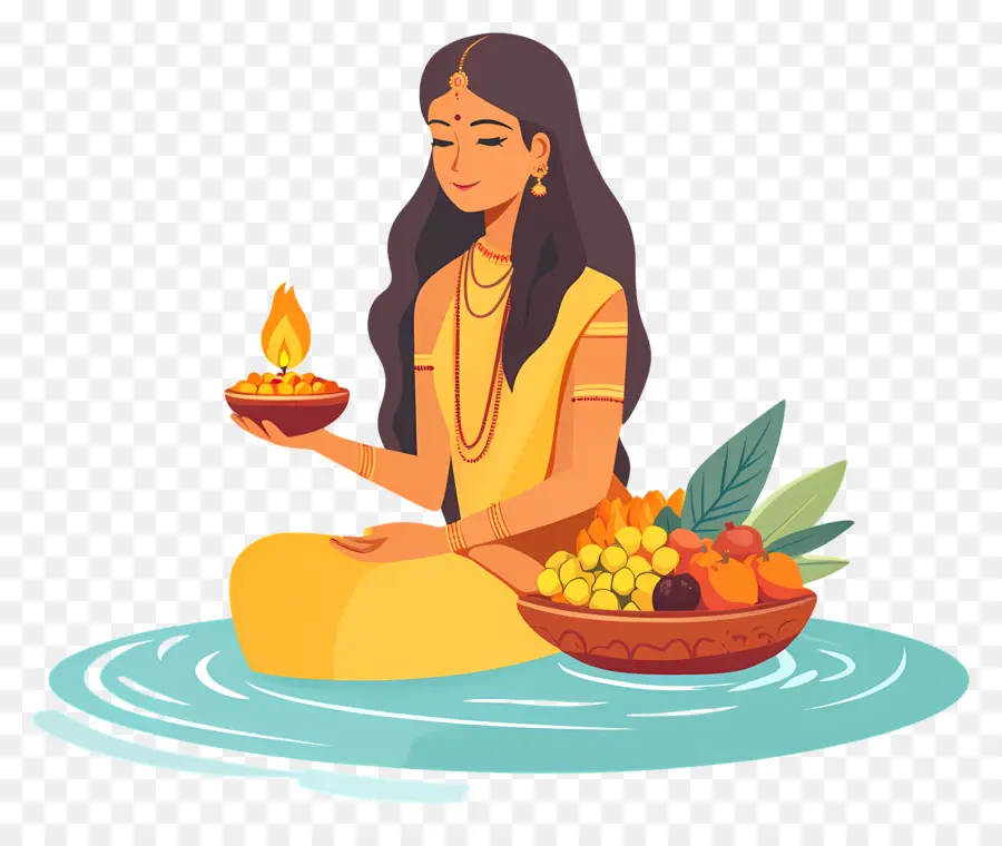 Chhath Puja，Mulher Com Lâmpada E Frutas PNG