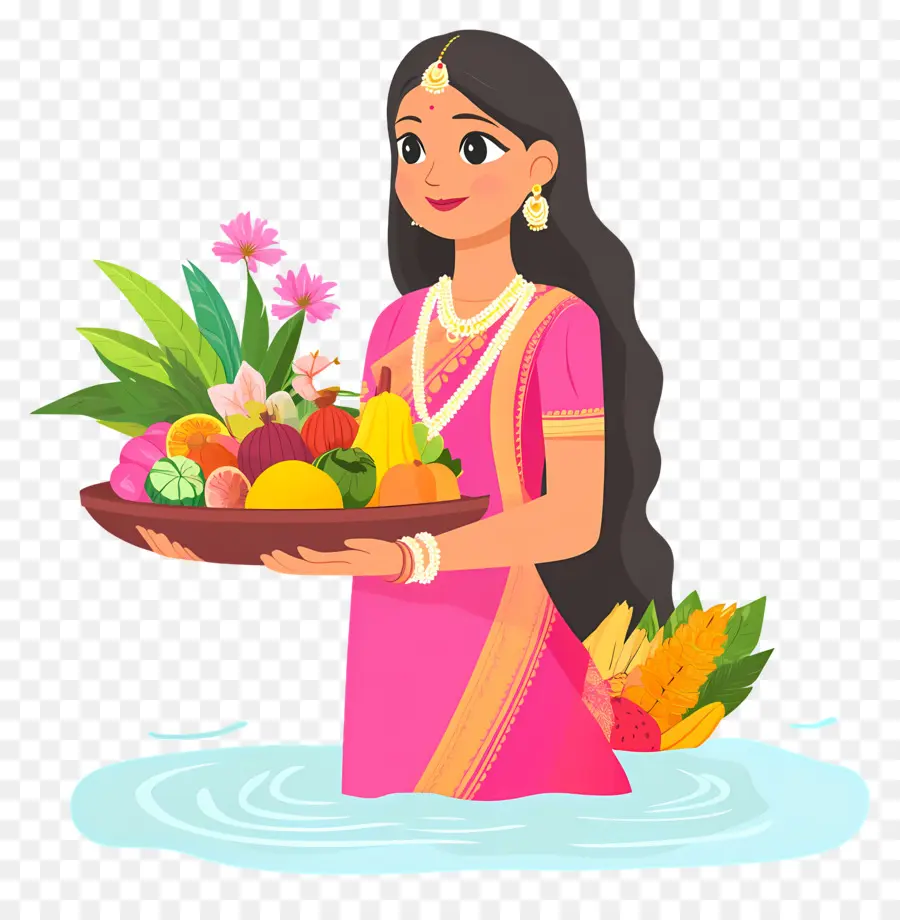 Chhath Puja，Mulher Em Vestido Tradicional Com Oferendas PNG