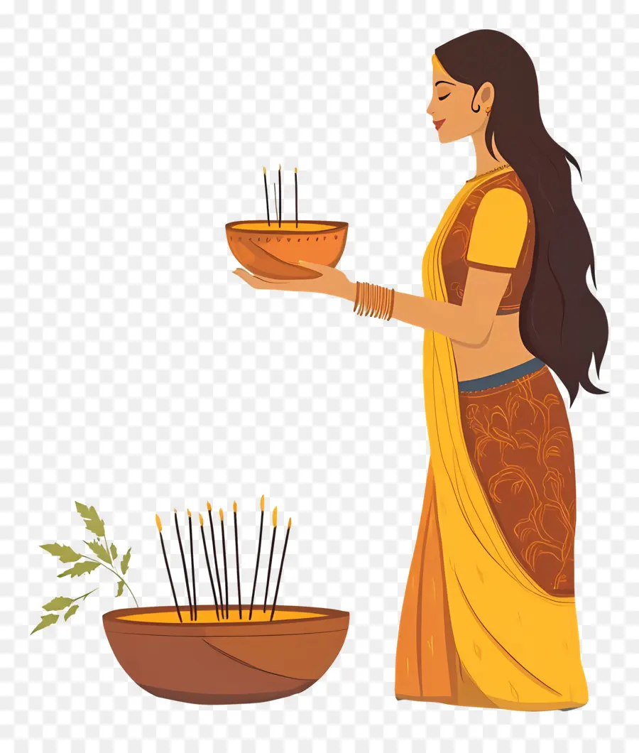 Chhath Puja，Mulher Em Vestido Tradicional PNG